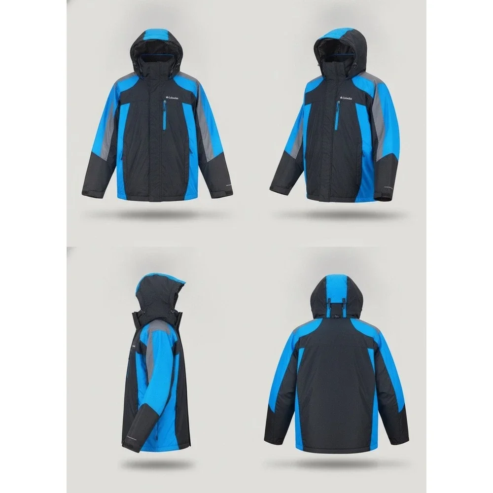 Columbia Interchange Jacket Mens Large 14/16 Black Blue Hooded Colorblock Shell